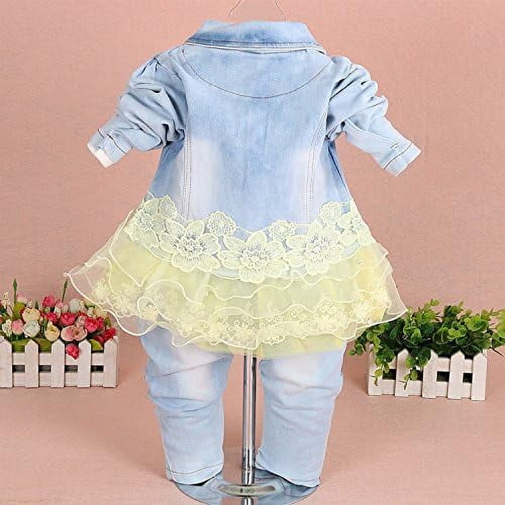 Baby Girls Denim Clothing Sets 3 Pieces Sets T Shirt Denim Jacket and Jeans,Yellow,2-3Years