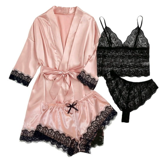 TSADFHJI Silk Robes for Women Short Silk Pajamas for Women Set 4 Piece Satin Sleepwear Classic Button down Short Sleeve Pj Set Cute Loungewear L Khaki