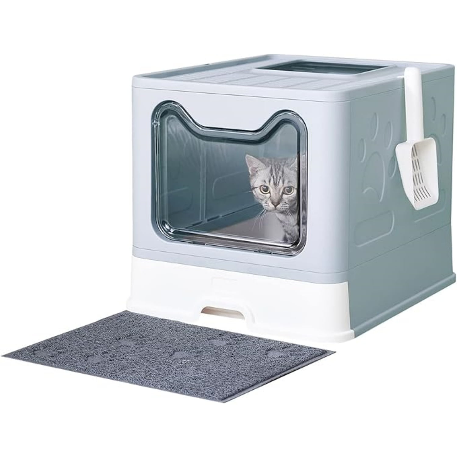 Cat Litter Box with Litter Mat and Scoop, Large Foldable Litter Box with Lid, Front Entry Top Exit Kitty Box, Odor Control, Easy to Clean (Blue)