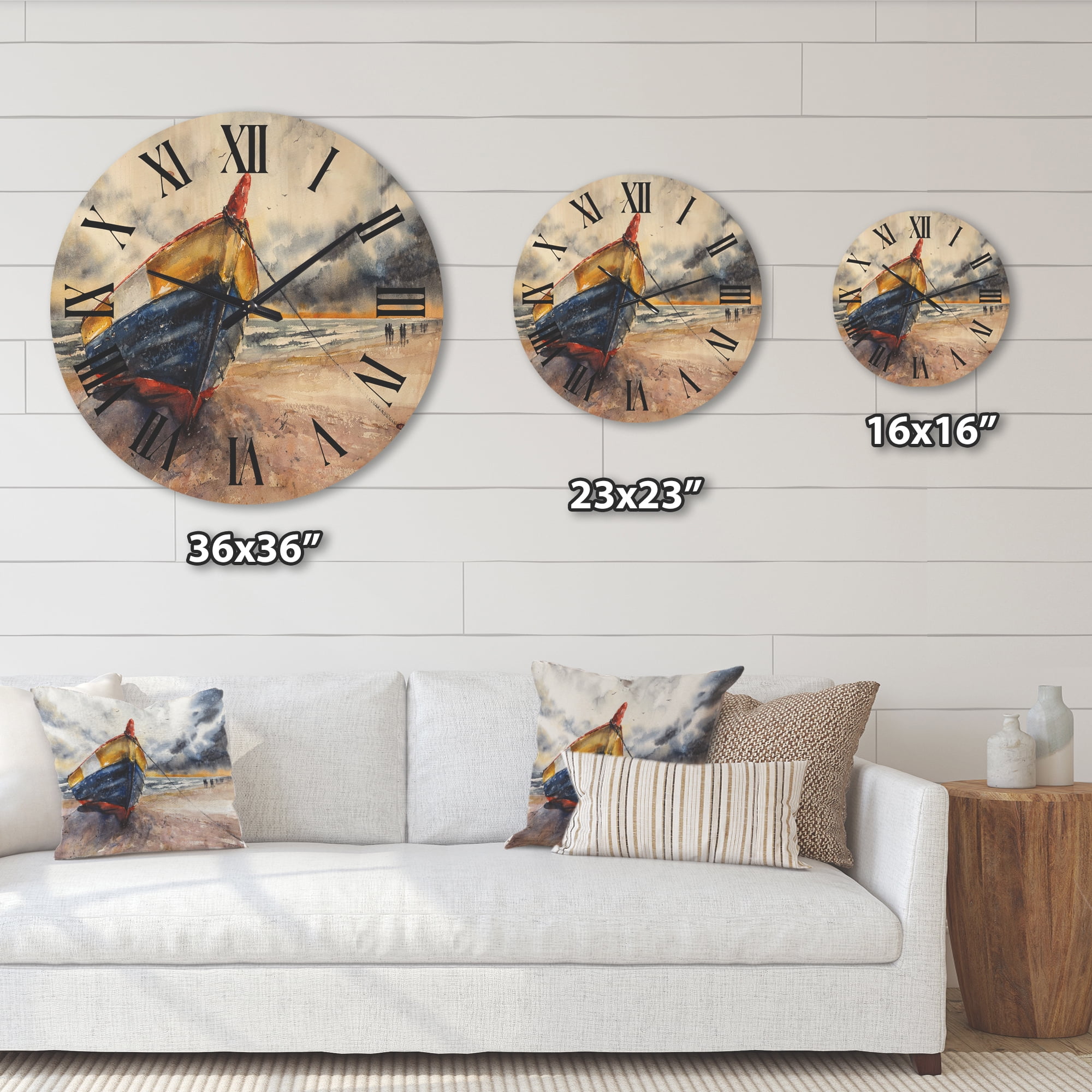 Designart 'Wooden Boat On The Baltic Shores At Evening Glow' Nautical & Coastal Wood Wall Clock
