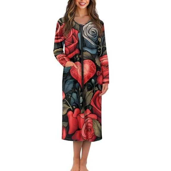 FKELYI Retro Rose Love Heart Print Zipper Front Nightgown Women Sleepwear Dress with 2 Pockets Comfy Housecoat Breathable Lounge Wear Fall Winter Long Sleeve Nightwear Robes, M