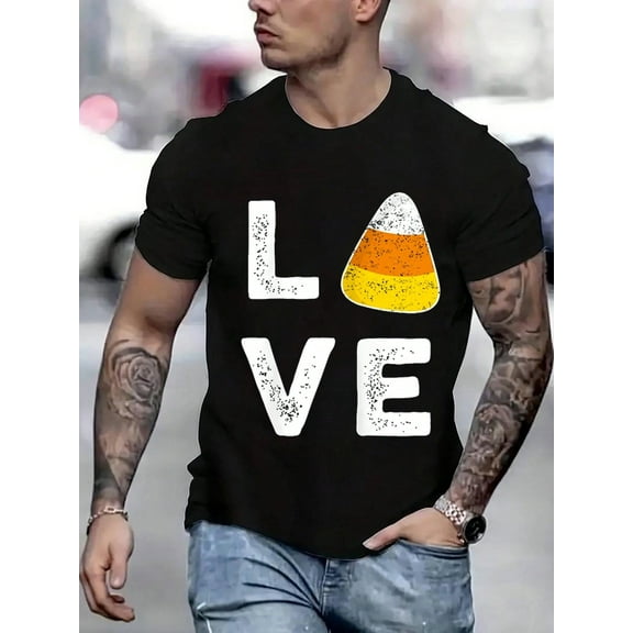 100 Cotton Graphic Tees Love Candy Corn Halloween T-Shirt Trick Or Treat Party Gift T-Shirt Crew Neck Short Sleeve T-Shirt, Casual Print Graphic Cotton Tees Men Tops