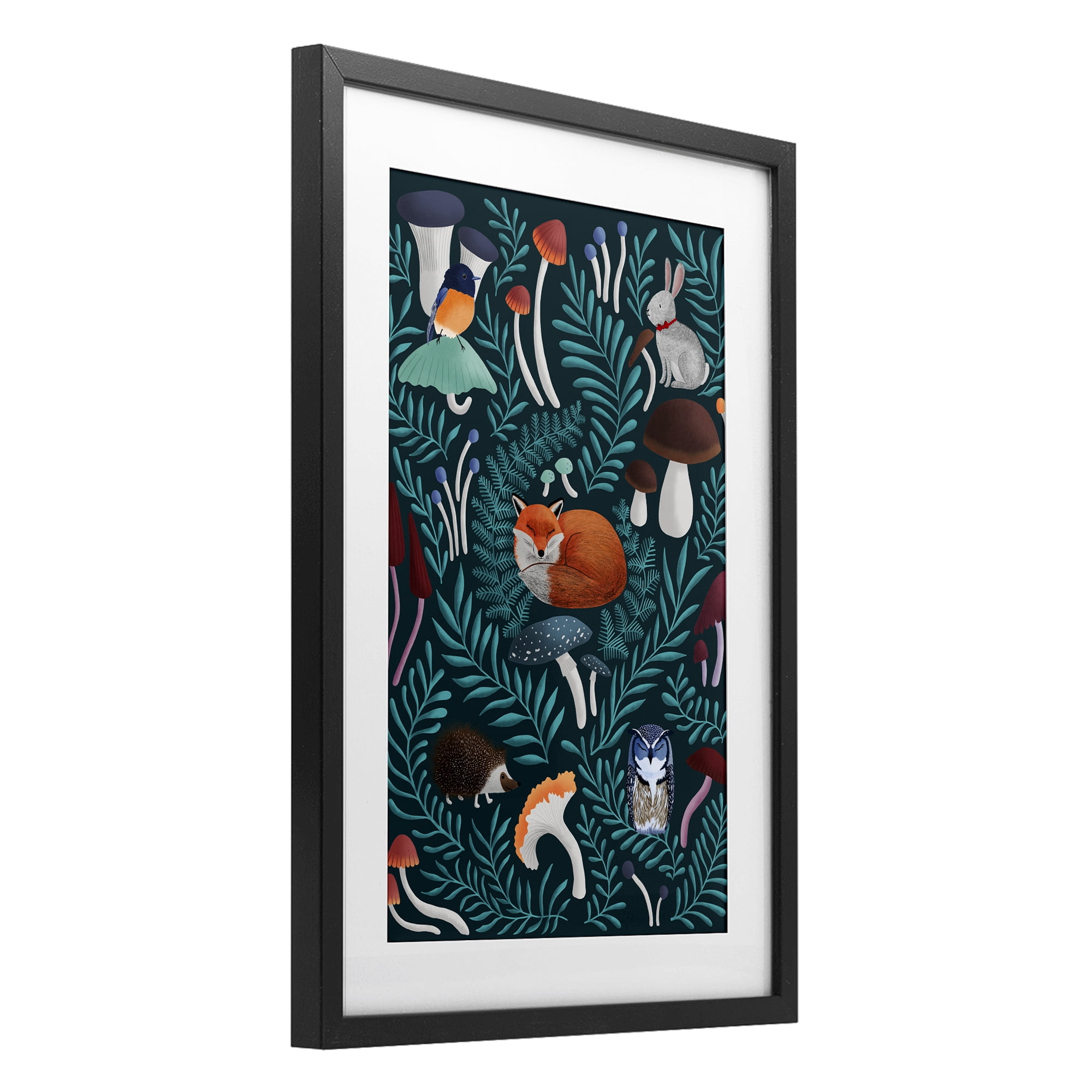 Woodland Animals & Botanical Sprigs Black Framed Print Under Glass, design by Metka Hiti
