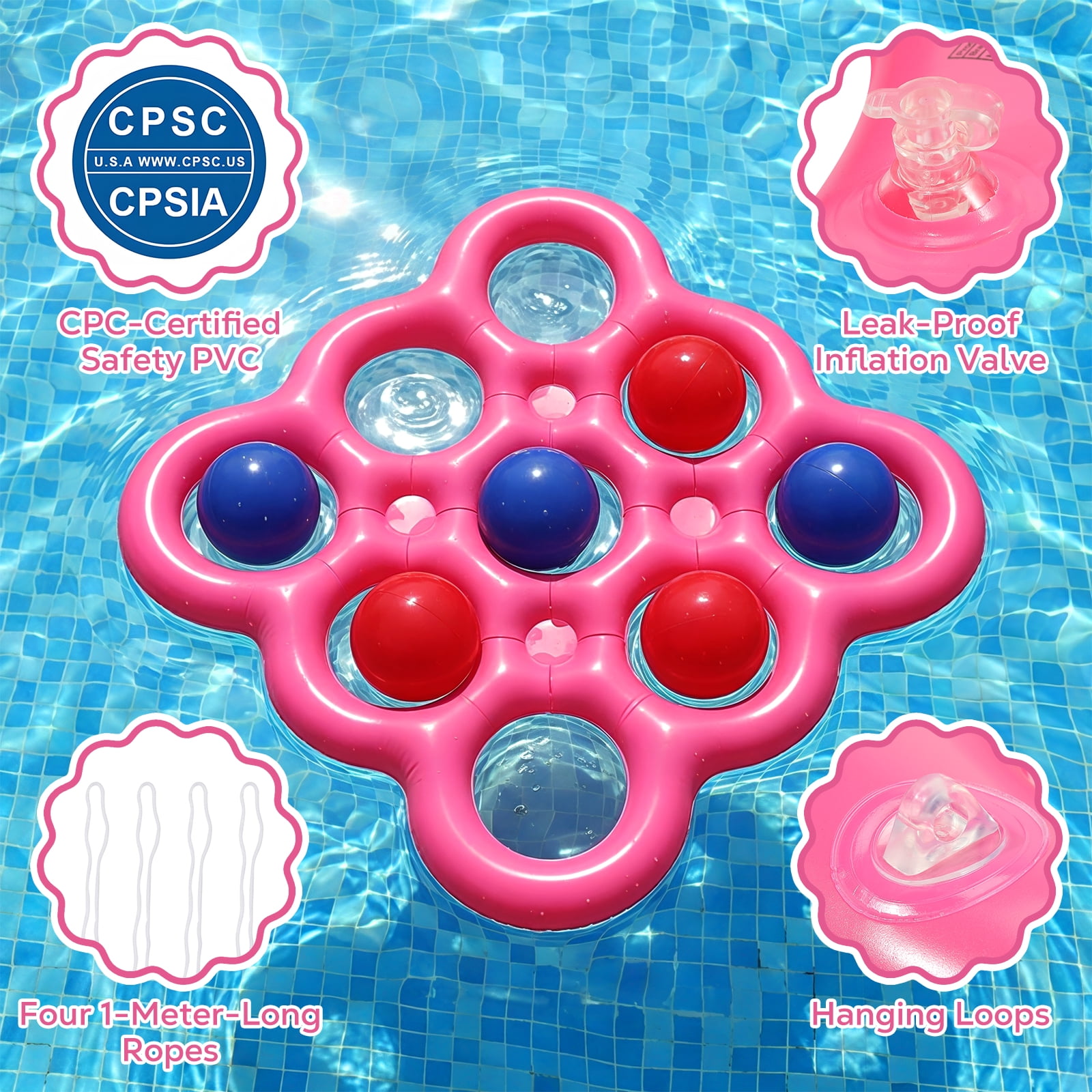 MoKo Pool Toys Games Set Tic-Tac-Toe Inflatable Pool Toy with 10 Balls - for Adults Teens Kids 2-10 Players, Magenta