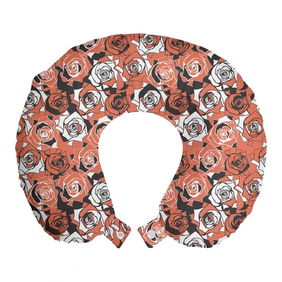Floral Travel Pillow Neck Rest, Botanical Motifs from Hand Drawn Abstract Rose Patterns Romantic Art, Memory Foam Traveling Accessory Airplane and Car, 12", Salmon Dark Taupe White, by Ambesonne