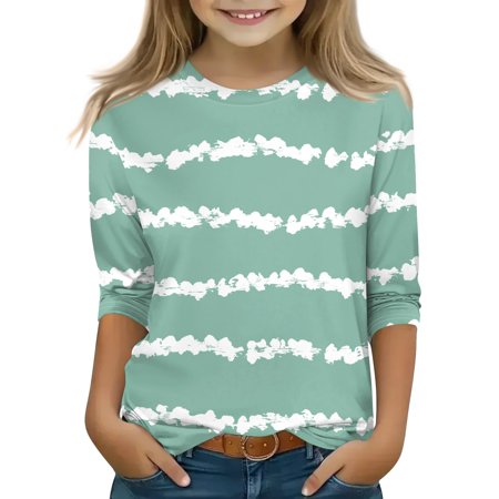 Iaqnaocc Shirts for Child Girls Size 7 3/4 Length Sleeve Cute Striped Pullover Tops Girls Fashion Crew Neck Shirts Casual Soft Tween Girls Trendy Clothes Light Green 4-5 Years