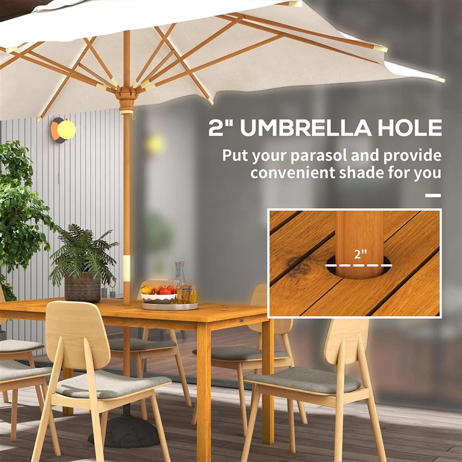 Demi Bonn 6 People Outdoor Dining Tables with Umbrella Hole, Acacia Wood Rectangle Patio Table, Garden Dining Table for Backyard, Lawn, Porch, Brown
