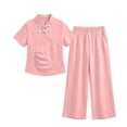 thumbnail image 2 of Amidoa Girls 2 Piece Outfits Summer Clothes Solid Color T Shirt Cute Ruffle Sleeve Short Sleeves Casual Pants Kids Clothing Sets Pink Size 6, 2 of 9