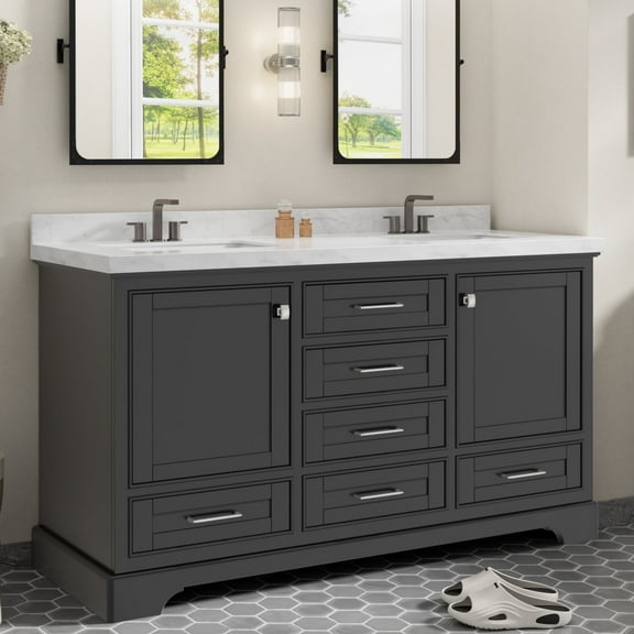 Eclife 60-Inch Contemporary Fully Assembled Double Sink Bathroom Vanity with Engineered Marble Top