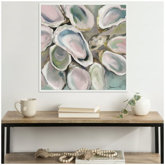 Kate and Laurel Sylvie Neutral Painterly Oyster Roast Framed Canvas Wall Art by Mary Sparrow 30 x 30 White, Coastal, Abstract, Beach Art for Wall Decor, Living Room, Bedroom, Office, Kitchen