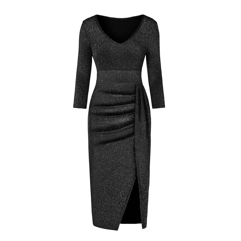 green emerald velvet dress Elainone Women's 3/4 Sleeve Flared A Line Dress Wedding Guest Casual Semi  Formal Office Lady Dresses with Belt Black S at Amazon Women's Clothing  store main image 0