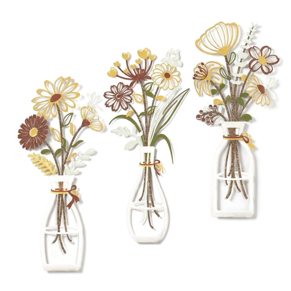 3 Pieces Metal Flowers Wall Art Set Handcrafted Floral Metal Wall Decor with Textured Finish, Elegant Iron Flower Wall Art for Living Room, Bedroom, Bathroom Decoration (Yellow&Brown-White)