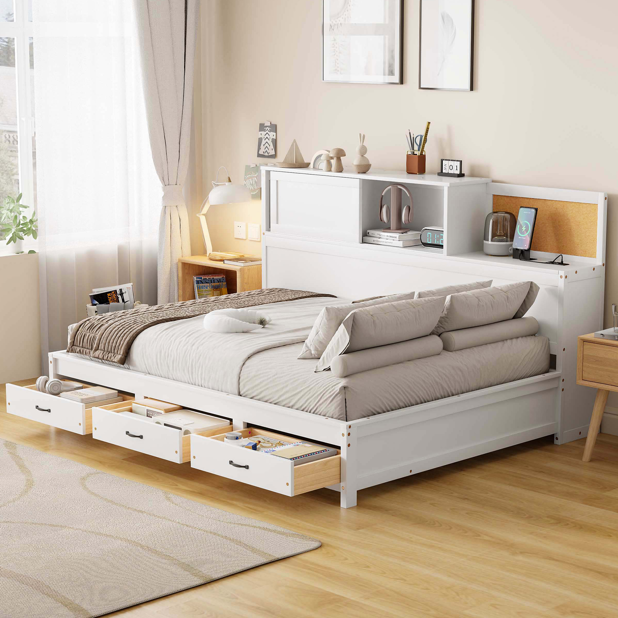 Sailvan Twin Size Wooden Daybed with 3 Storage Drawers, Upper Soft Board, Shelf, Set of Sockets