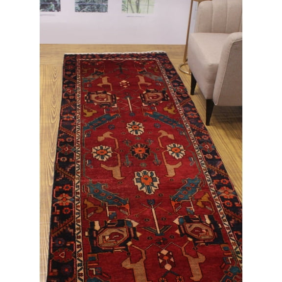 Semi Antique Warith Red/Blue Runner, 3'6" x 11'7"