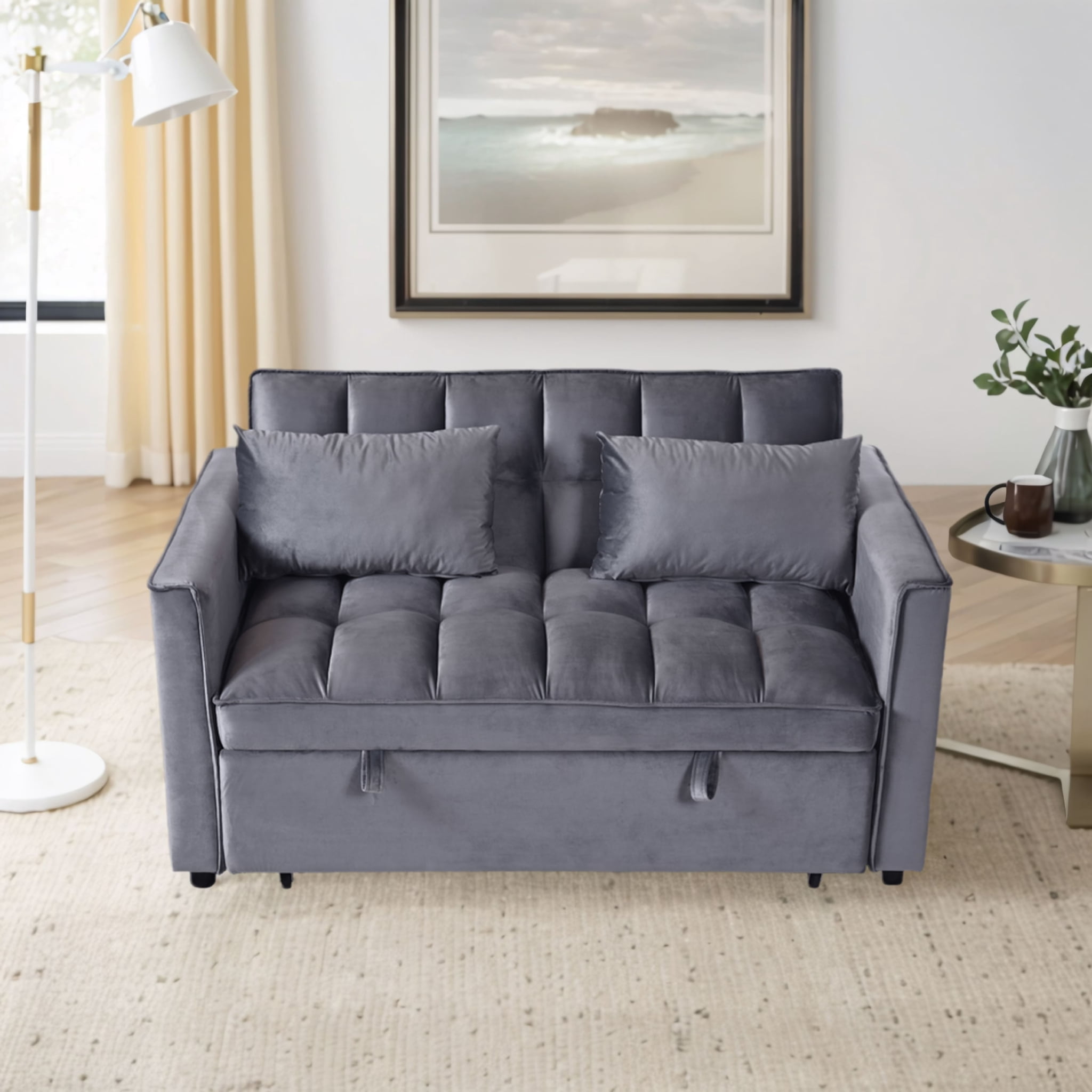 MAYEERTY Convertible Sofa Bed, Velvet Pullout Couch with Adjustable Backrest, Grey