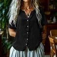 thumbnail image 3 of TGSLY Lace Crochet Trim Placket Tops for Women Notched V Neck Short Sleeve Blouses Loose Fit Dressy Casual Full Button Front Solid Color Tshirts L, 3 of 7