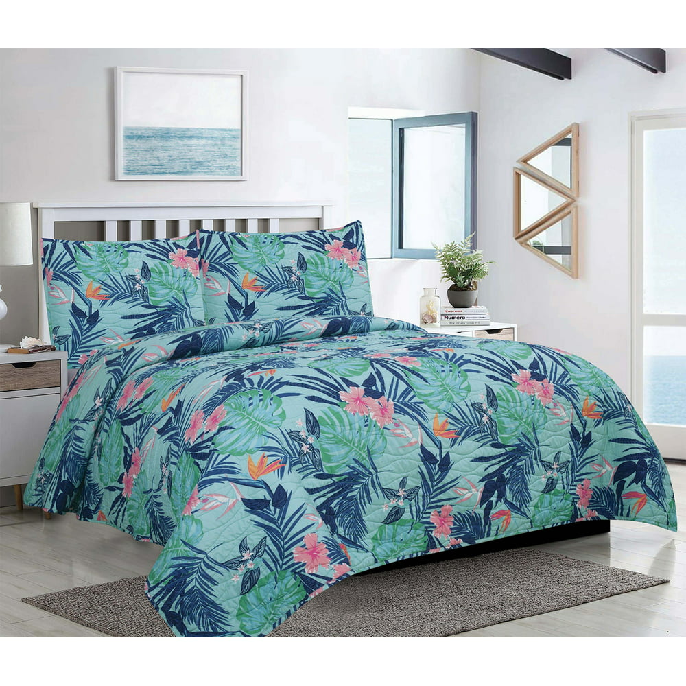 King Tropical Monstera Palm Leaf Oversized 3-Piece Comforter Bedding ...