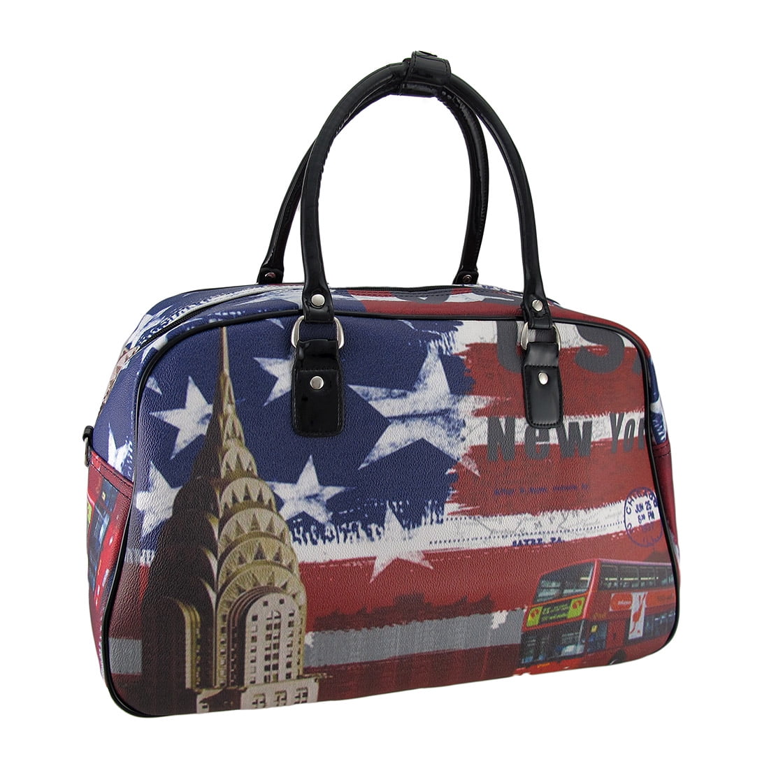 Red White Blue US Flag New York Postcard Print Travel Duffel Bag by Nima Accessories, Inc.