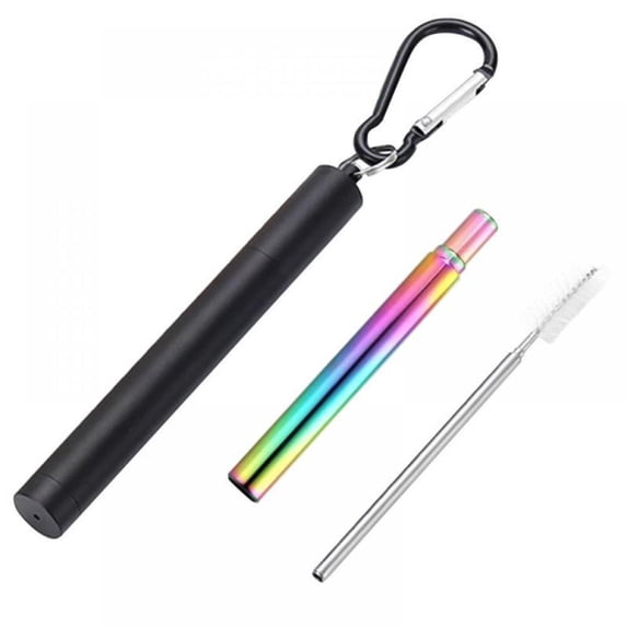Topumt Stainless Steel Telescopic Straw, Adjustable Metal Straw with Case, Collapsible Metal Cleaning Brush, Keychain Clips Included