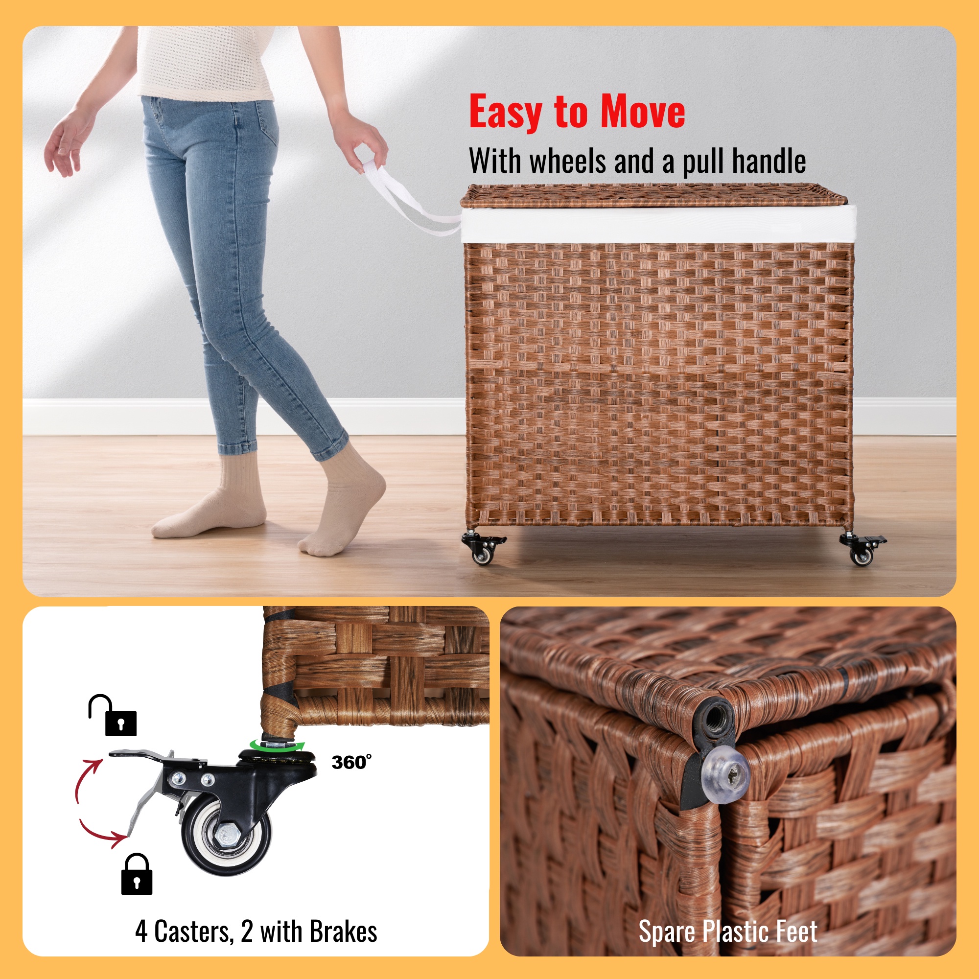 PORKISS Wheeled Laundry Basket with Lid, Laundry Hamper for PE Rattan, Waterproof Square Clothes Hamper with Removable Bags for Dorm Clothes Toy Storage, 42.26 Gal. Brown