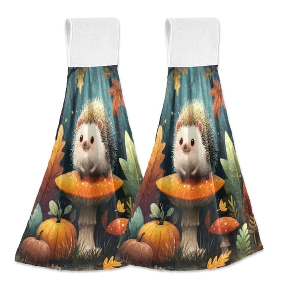 Haosy 2 Pack Kitchen Wash Cloths with Hanging Loops Absorbent Absorbent Quick Drying Hand Towels, Cute Hedgehog Sitting on Mushroom