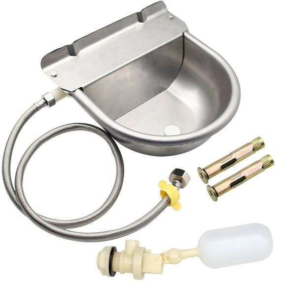 Automatic Animal Drinking Water Bowl with Float Valve,304 Stainless Steel Livestock Dispenser Waterer with Drainage Hole,Includes Water Bowl,3/4''Water Hose,2 Float Valves and Mounting Bolts