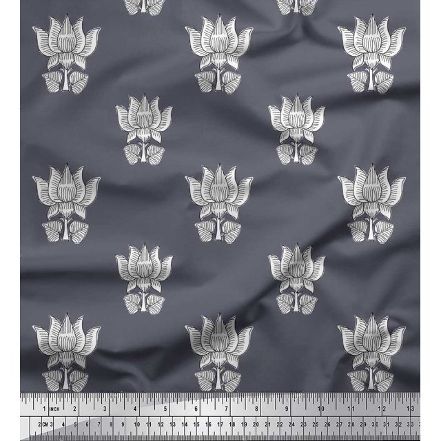 Soimoi Velvet Fabric Leaves & Lotus Block Print Fabric by Yard 58 Inch Wide