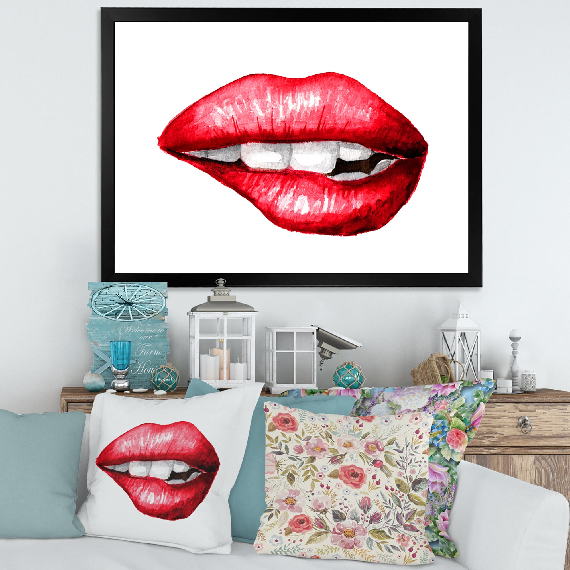 Designart 'Sexy Plump Puffy Girl Lips Biting' Modern Framed Art Print