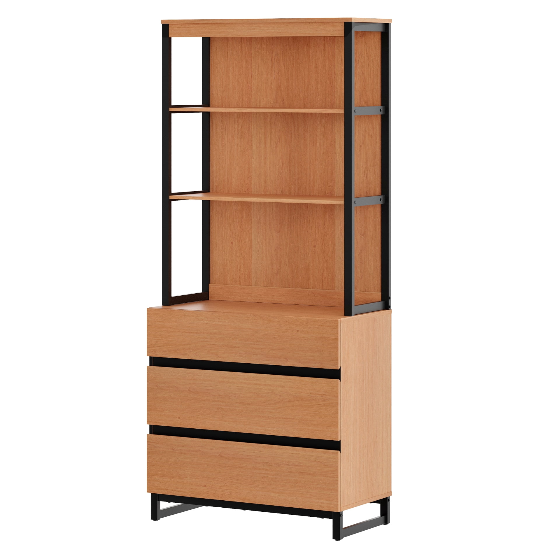 WAMPAT Modern 72" Tall Library Bookcase with 3 Drawers & Open Shelves, Wood Freestanding Bookcase with Storage Cabinet for Home Office & Living Room, Mocha