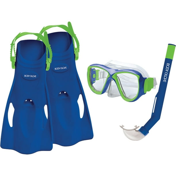 Body Glove Blue & Lime Jr Mischief Mask, Snorkel & Fins Aquatic Set