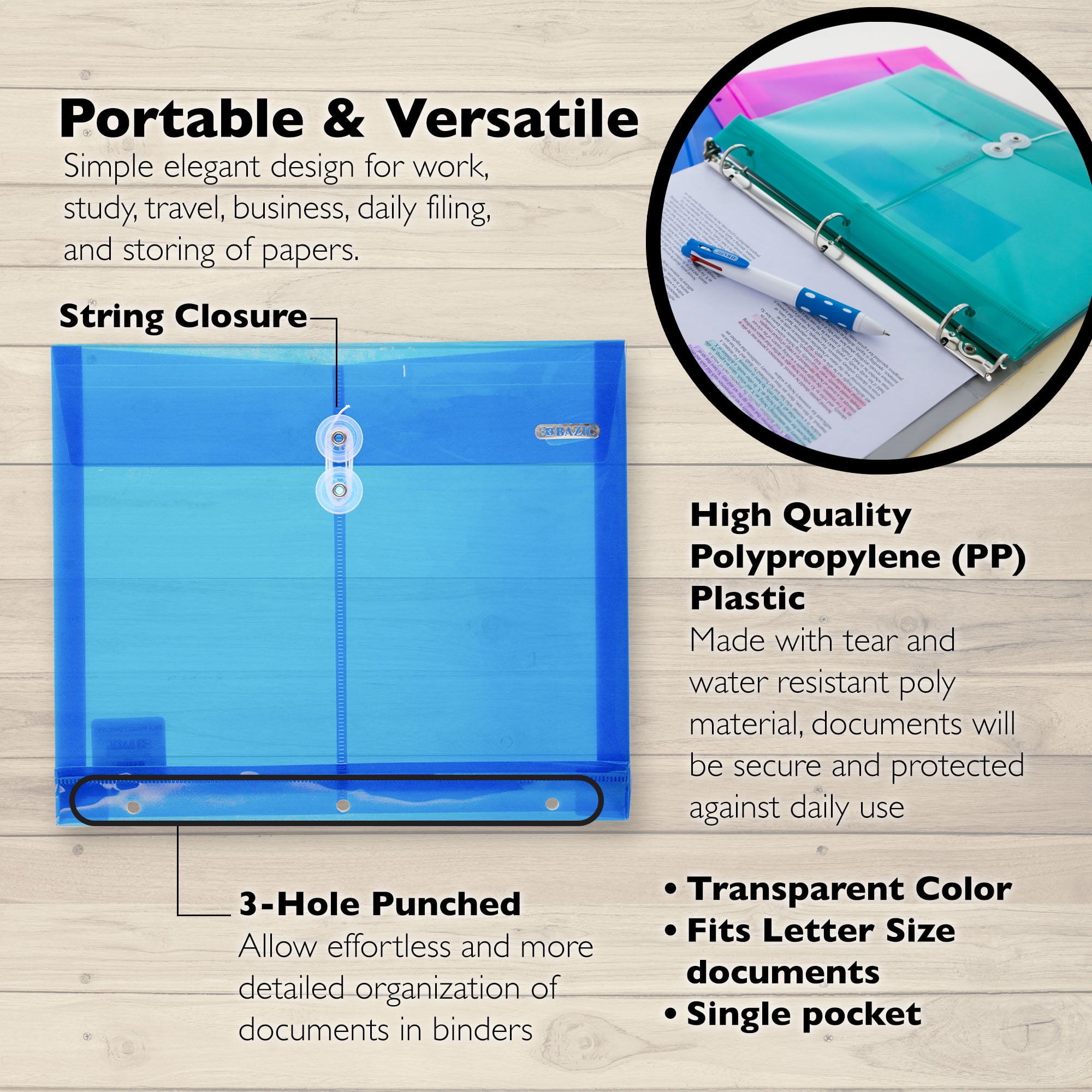 BAZIC Poly Envelope Binder Pocket Folder, 3 Hole Punched, Clear Letter A4 Size Document Folder (5/Pack), 2-Packs
