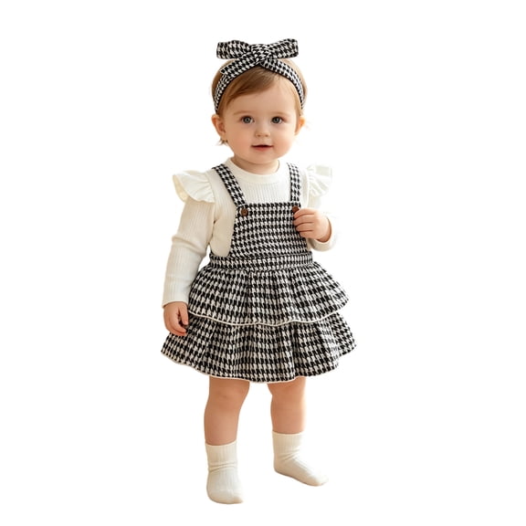 ZHOGXU Baby Girls Houndstooth Outfit Fly Sleeve Top Suspender Skirt Matching Houndstooth Bow Headband 3PCS Set For Kids,White,6-12 Months