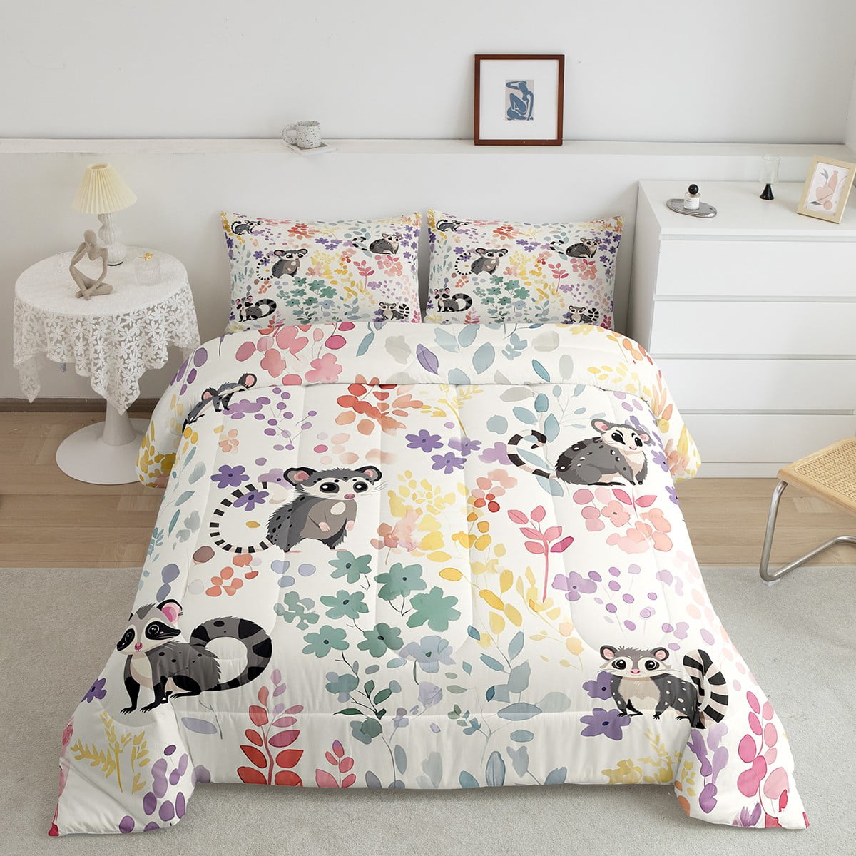 Kawaii Lemur Bedding Set Twin Size,Cartoon Lemur Floral Comforter&nbsp;Set for Kids Girls Boys,Cute Rainbow Flower Quilt Bed Set Animal Print Down Comforter with 1 Pillowcase