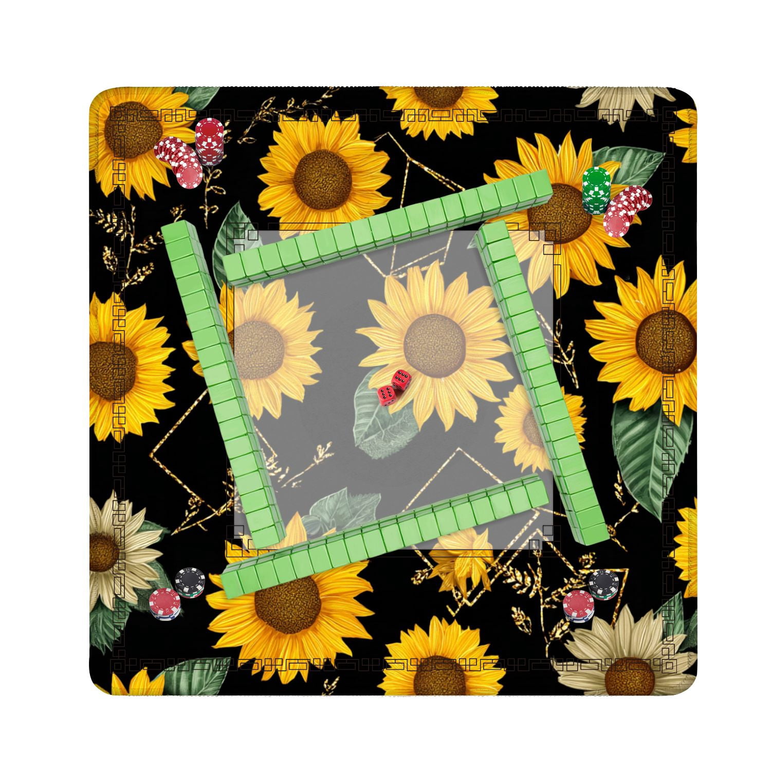 Mahjong Mat 31.5" x 31.5" Seamless golden polygonal shapes sunflowers Non-Slip Noise Reduction American Mahjong Tiles Table Cover for Dominoes Poker Card Board Games Gift