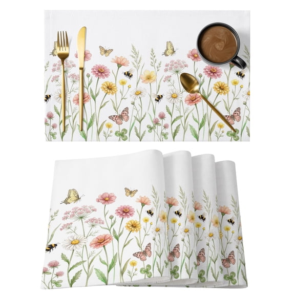 Spring Wildflowers Butterflies Placemats Set of 6, Rustic Vintage Pink Yellow Flower Floral Non-Slip Place Mats Washable Table Mats for Kitchen Dining Table Decorations Indoor/Outdoor