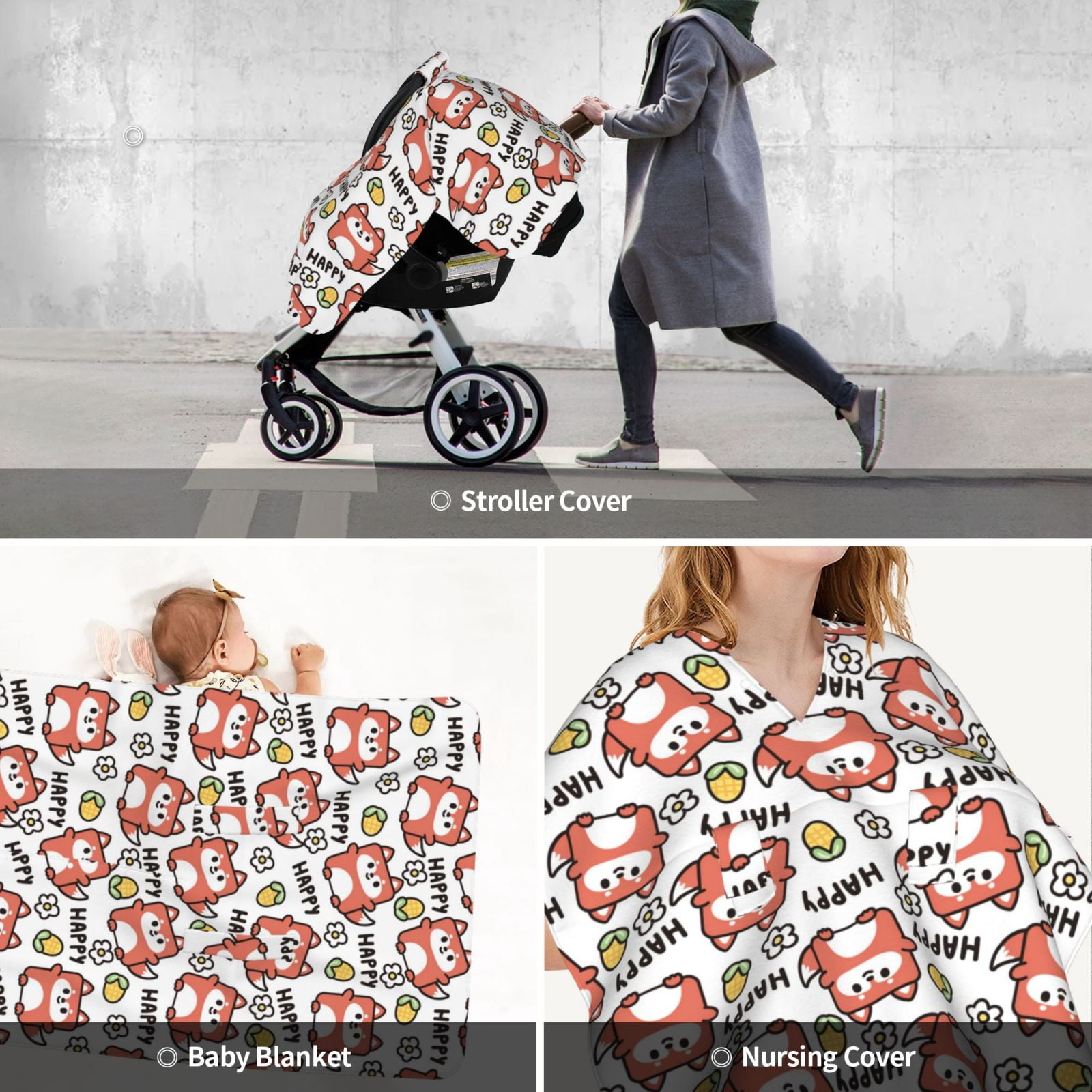 Car Seat Cover Baby - Happy Foxy Faces Breathable Infant Car Seat Cover for Baby Carseat, Lightweight Comfort Baby Essentials Must Haves Newborn Stuff for Girl Boy