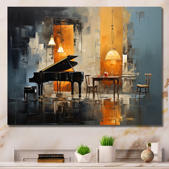 Designart "Piano Jazz Room Harmony in Yellow and Blue I" Music Wall Art - Traditional Yellow Music Jazz Entryway Wall Art