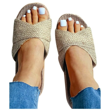

Slide Sandals for Women or Ladies Dressy Summer Casual Cute Weave Strap Comfy Slip On Cork Foot Bed Flat Low Wedge Platform Slides