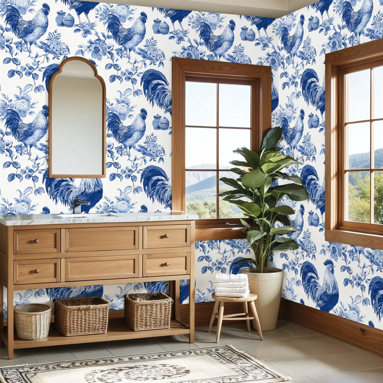 Chicken Peel and Stick Wallpaper Roosters Chickens Blue White Toile Floral Wall Mural 23.6in x 9.8ft Self Adhesive Removable Wall Paper Renter Friendly Wallpaper for Nursery Bedroom Cabinets