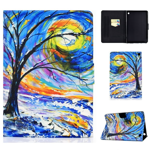 SaniMore Case for Fire 7" 12th Gen 2022, PU Leather Tablet Auto Wake/Sleep Card Holder Anti-slip Strip Kickstand Shockproof TPU Backplane Wallet Cover for Fire 7" 12th Gen, Watercolor Tree