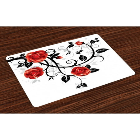 

Gothic Placemats Set of 4 Ornate Swirling Branches with Roses Garden Flower Grunge Style European Washable Fabric Place Mats for Dining Room Kitchen Table Decor Vermilion Black White by Ambesonne