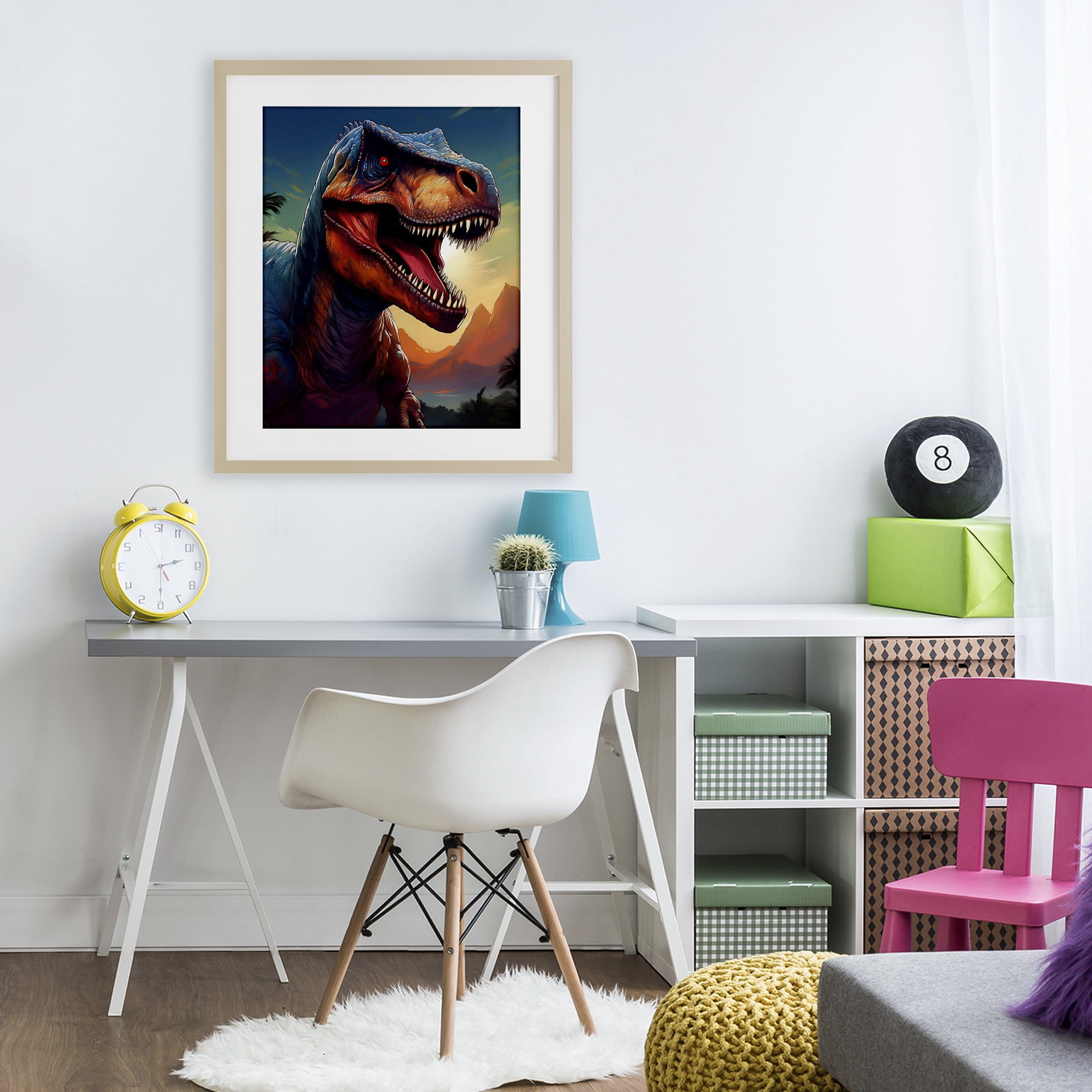 Stupell Industries Dinosaur with Sunset Landscape Birch Framed Print Under Glass, design by Creative Studio
