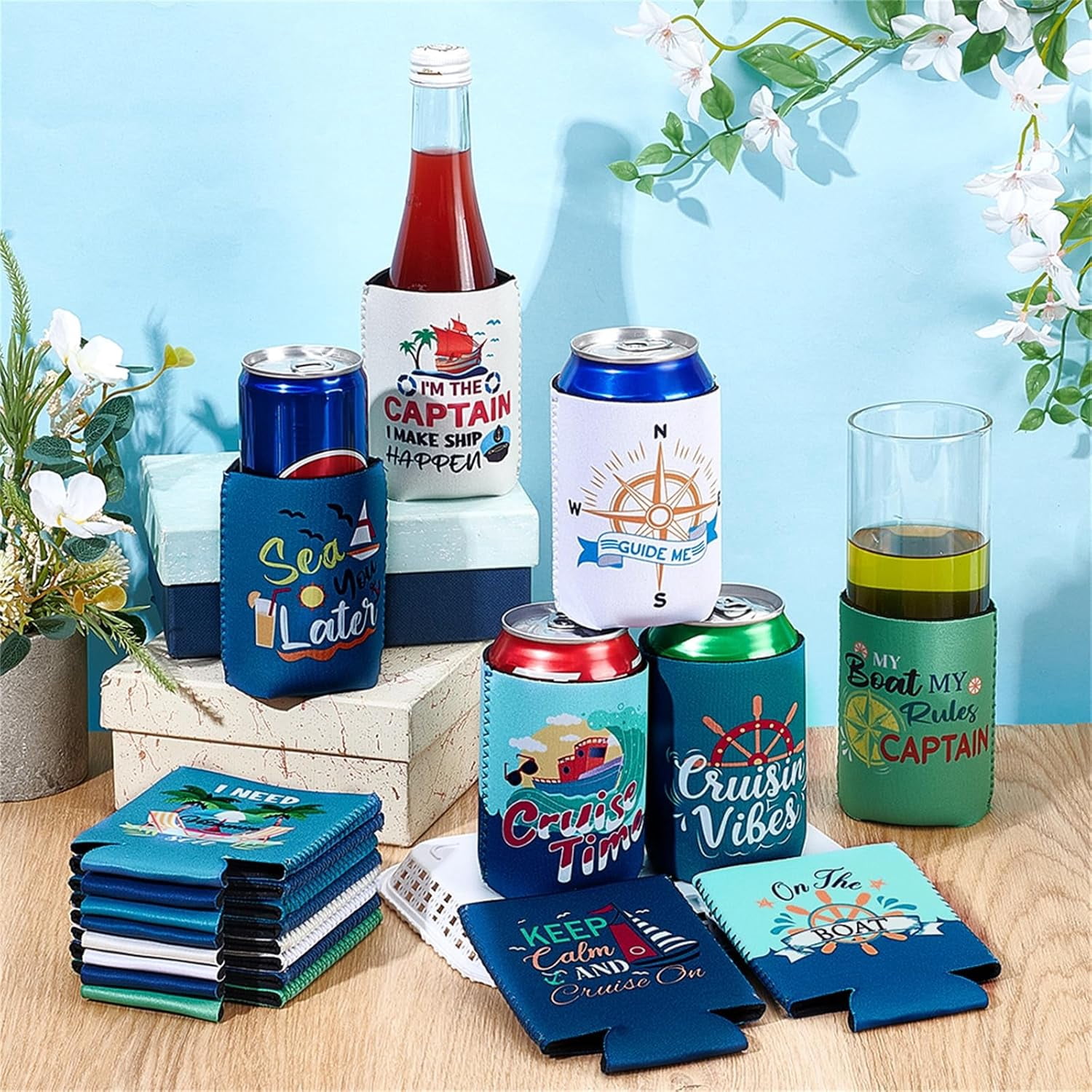 Cruise Beer Can Cooler 16 Pcs Neoprene Boating Gift Beer Sleeves for Can Sleeves for Men 12 oz Reusable Insulated Funny Drink Cans Cover