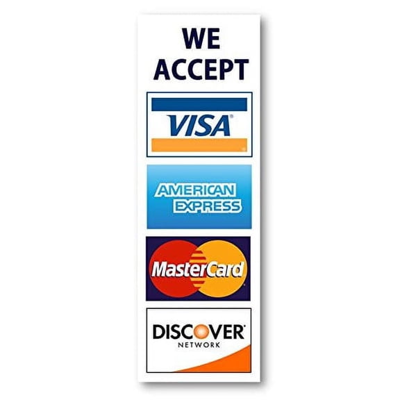 We Accept Credit Cards AmEx Visa MasterCard Discover Decals Sticker Logo Sign for Stores & Businesses (8" x 2.75")