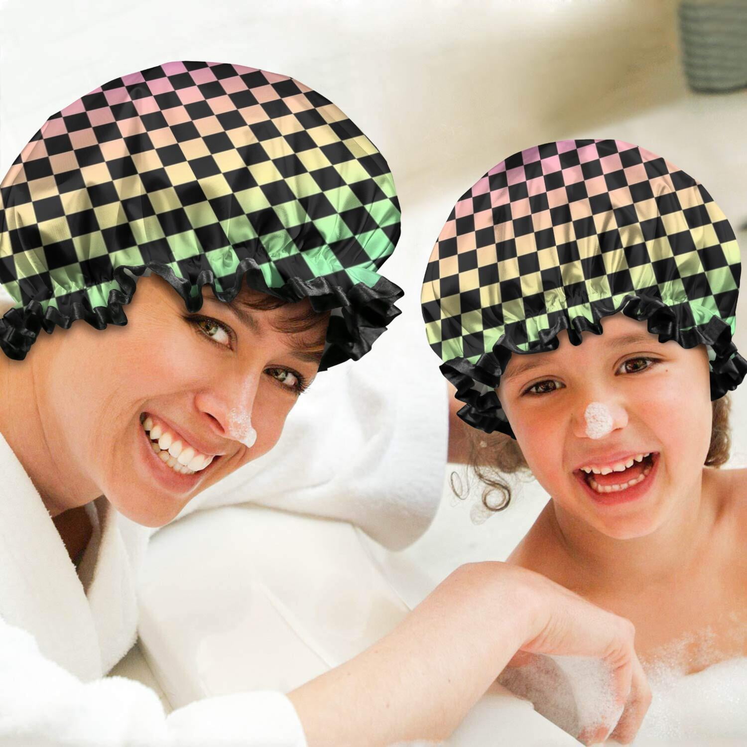 Shower Caps,Gradient Color Checkered Pattern Waterproof Shower Cap for Women 4 Pieces,Double Reusable Hair Cover for Shower PEVA Elastic Stretch Hem