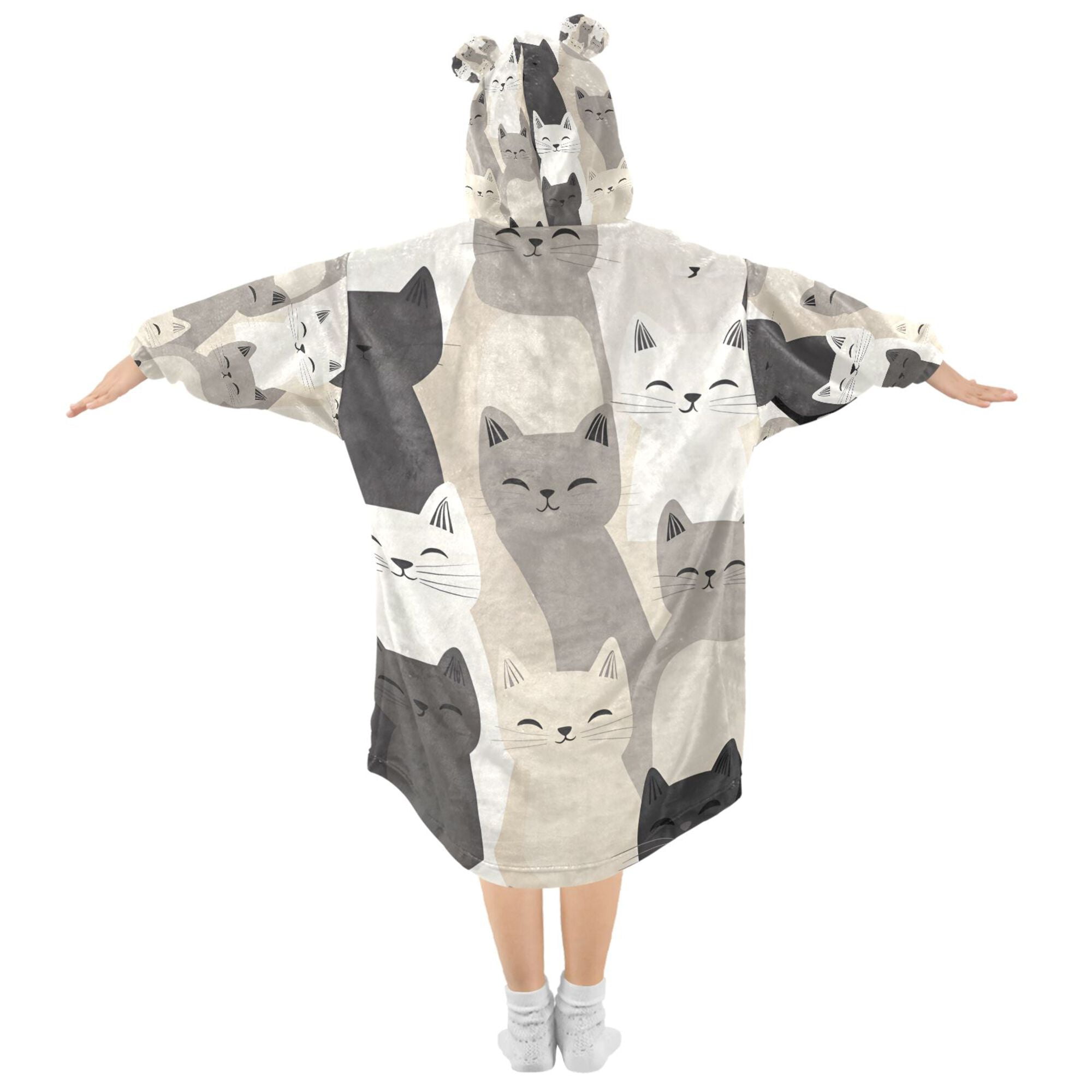 FORMRS Wearable Blanket Hoodie with Sleeves for Kids Cozy Flannel Sweatshirt, Beige Cute Cats