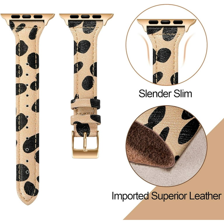 Compatible Apple Watch Band 38mm 40mm 42mm 44mm Women Slim Genuine Leather Watch Strap Replacement for iWatch SE Series 6 5 4 3 2 1 Cheetah Dots Rose