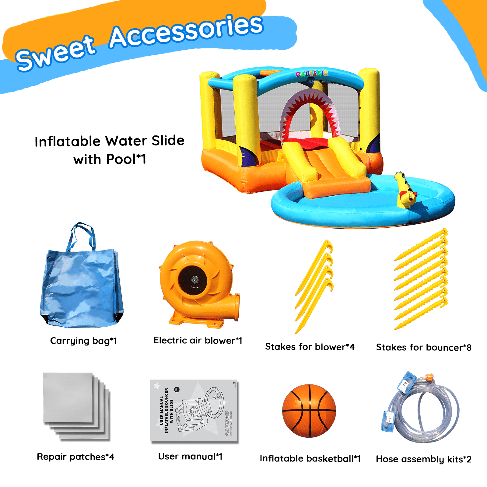 Causeair Inflatable Bounce House with Ball Pit, Wet and Dry Use, Basketball Hoop, Water Slide