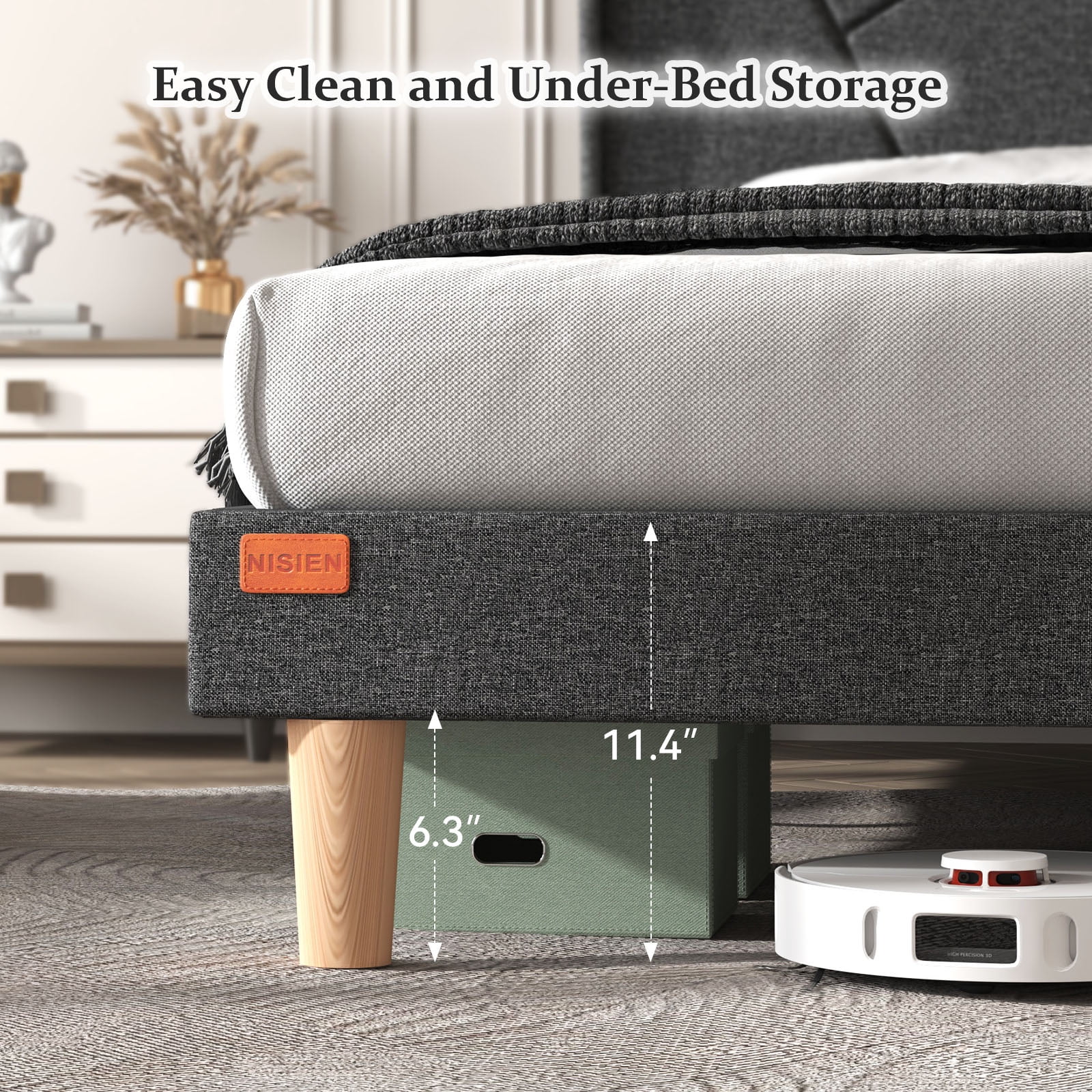 NISIEN Queen Bed Frame with Charging Station, Upholstered Platform Bed with Wingback Storage Headboard, Dark Gray