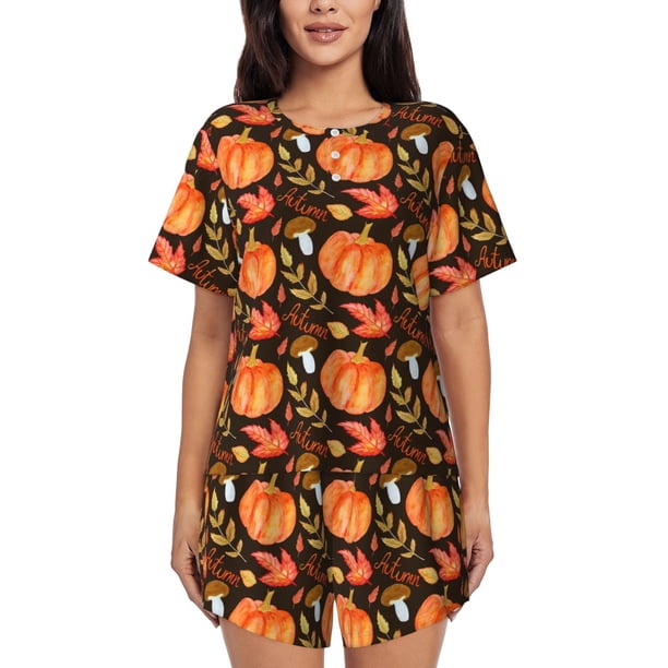 Fotbe Autumn Pumpkin Conjunto de Pijama Estampado para Mujer, 2 Piezas, Ropa de Dormir con Camiseta de Manga Corta y Shorts Suaves-XX-Large